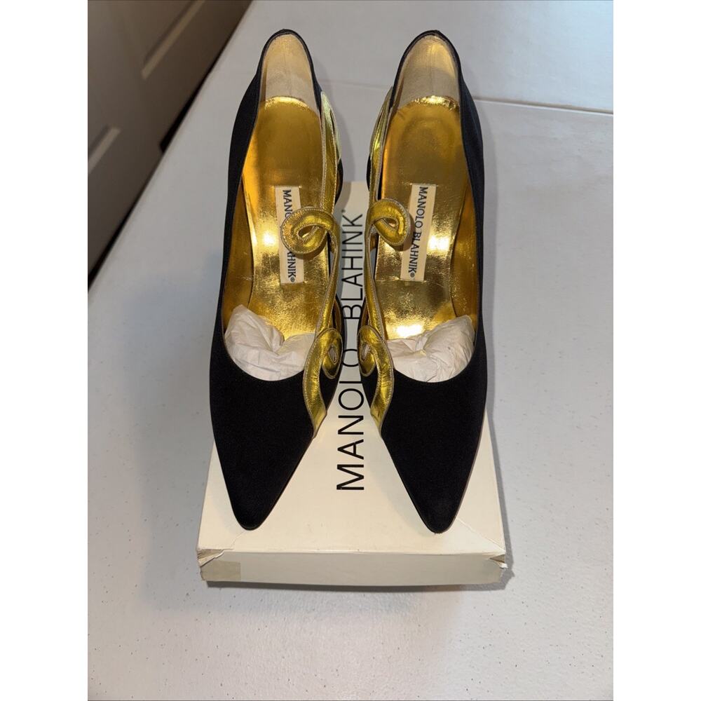Manolo Blahnik Black/Gold Fabric/leather Pumps Heels Shoes 8.5/9 GORGEOUS!